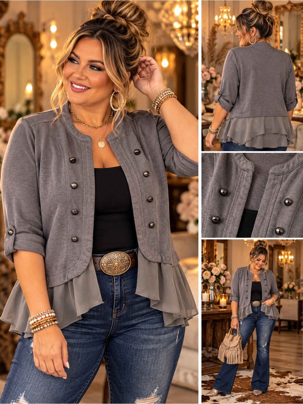Maurices Plus Size 2 Gray Military Jacket Chiffon Layered Hem 18/20